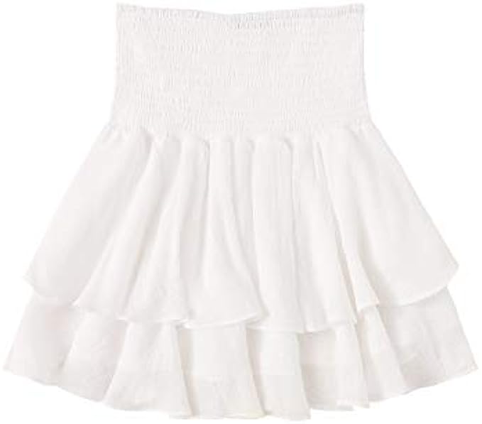 SheIn Women&#039;s Solid Shirred High Waist Layered Ruffle Hem Flared Mini Skirt