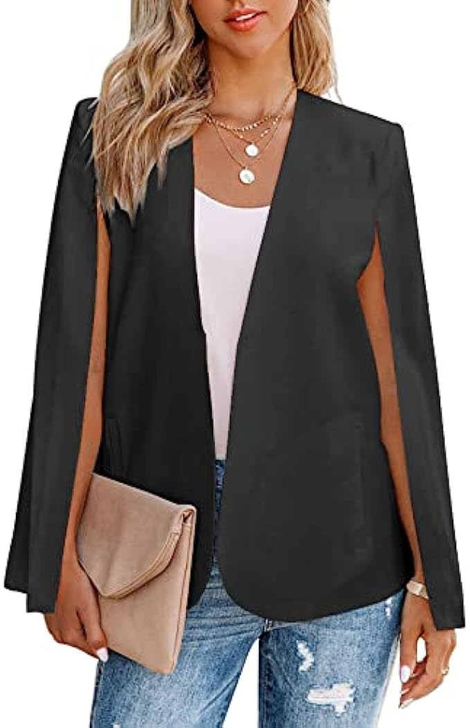 SHEWIN Womens Cape Blazer Split Sleeve Open Front Casual Jacket Coat Workwear Elegant Formal Cape Coat