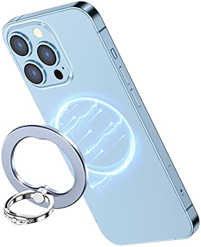 AUROX Magnetic Phone Ring Holder for iPhone 13 12 Magnetic Phone Grip for Magsafe Accessories 360° Rotation Adjustable Phone Finger Ring Stand with Zircon【Removable for Wireless Charging】(Light Blue)