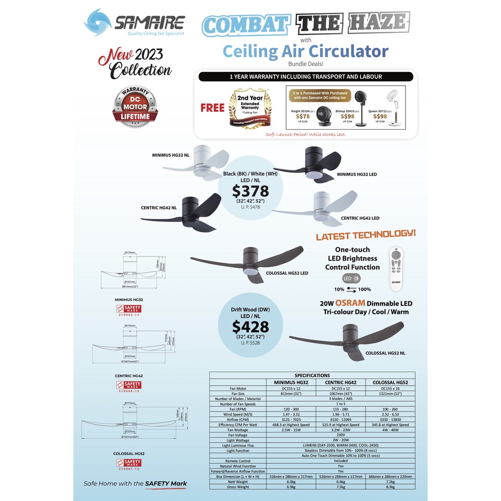 [For Low Ceiling] SAMAIRE HUGGER -MINIMUS 32&quot; / CENTRIC 42&quot; / COLOSSAL 52&quot; + Remote + Optional 20W OSRAM Dimmable LED