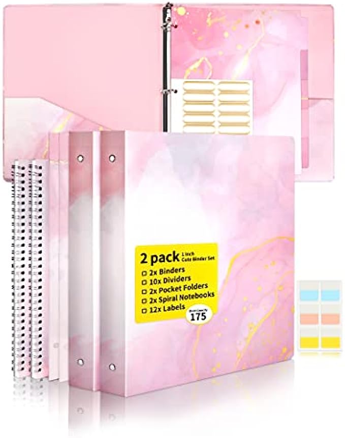 Cute Binders SUNEE 2 Pack 3 Ring Binder 1 Inch with 2 Pockets, 10 Tab Dividers, 2 Pocket Folders &amp; 2 Spiral Notebooks, Pink Marble Heavy Duty Binder (Fit 8.5x11 Inches) for School Office Supplies