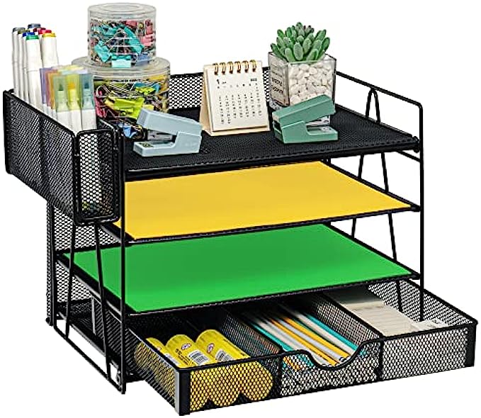 4 Tier Mesh Desk Organizers with Pen Holder, Desk File Organizer with Drawers, Desk Organizers and Accessories, Office Supplies Desktop Storage Paper Organizer Rack for Office Home