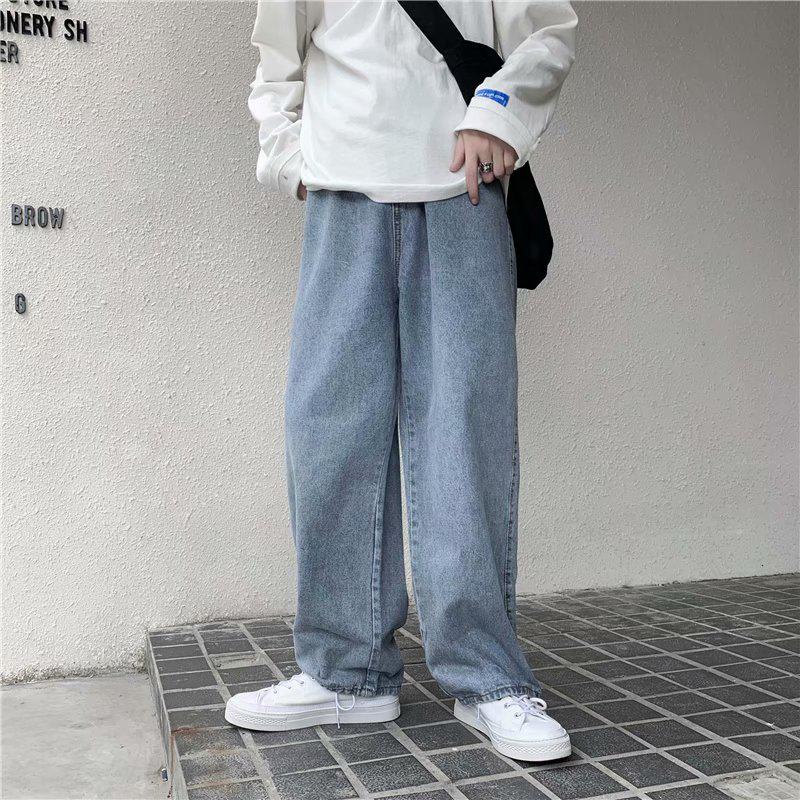 【S-3XL】Men&#039;s Korean-Style Loose Denim Pants Popular Brand Straight-Leg Pants Light Color Casual All-match Large Fashion Trendy Wide Leg Straight-Leg Pants
