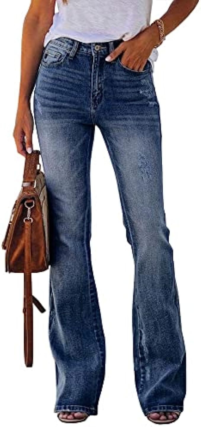 Koinshha Women&#039;s High Waist Wide Leg Bootcut Jeans Long Washed Stretch Tummy Control Denim Pants(Size 4-16)